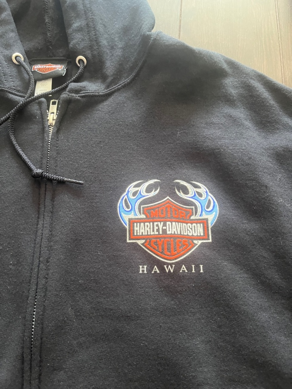 Harley-Davidson Black Hoodie with Blue Flame Sleeve Accents - Picture 3 of 8